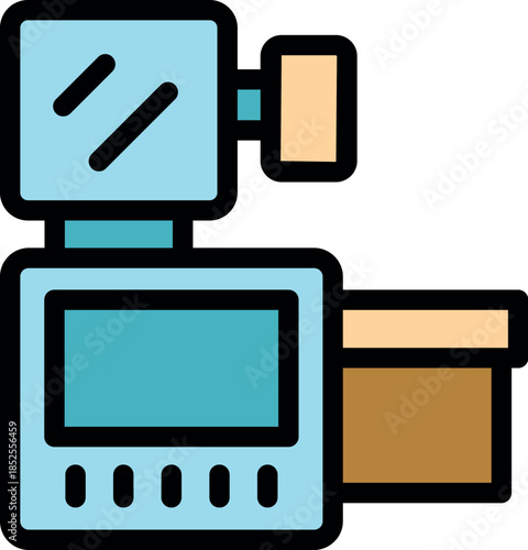 Cnc milling machine processing wood block, automated woodworking process icon, vector illustration