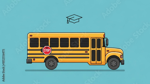 Yellow school bus with stop sign and graduation cap icon on blue background, education transport vehicle