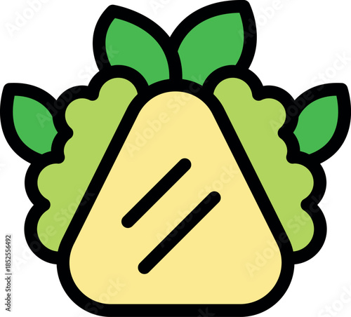 Japanese onigiri rice ball wrapped in nori seaweed with green leaves, representing traditional cuisine