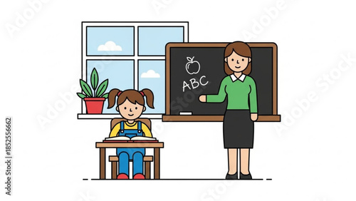 Cute little schoolgirl sitting at desk with teacher writing on blackboard in classroom with window and potted plant
