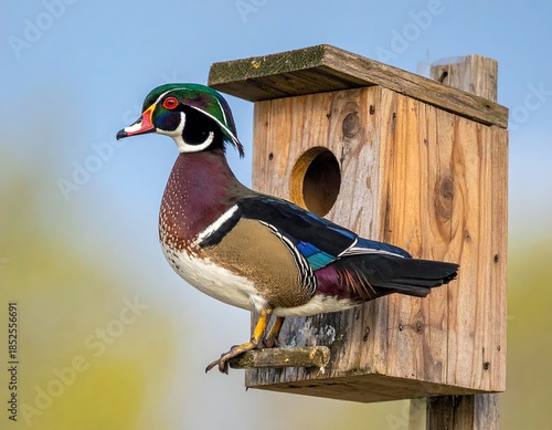 A vibrant male duck perches by a wooden nesting box