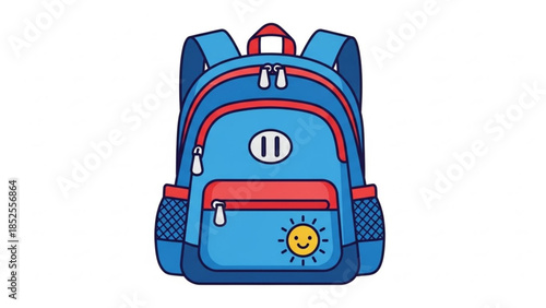 A blue and red cartoon backpack with a smiling sun and pause button on a white background for school or travel