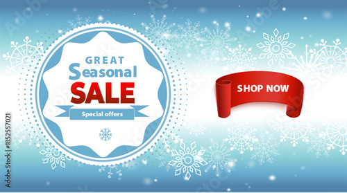 Editable text vector banner for year end sale promotion with snowflakes on winter background. Text is not outlined. Fonts are not included. Clean modern layout for websites ads and social media.