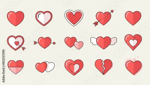 Collection of various heart shapes in red and white with different designs on cream background for love and valentines day concepts