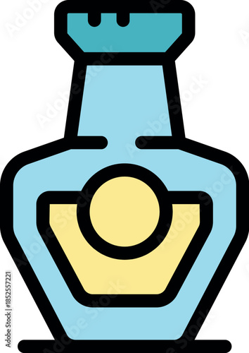 Blue perfume bottle with a yellow label containing a circle, suggesting elegance and style