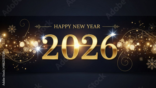 Happy new year 2026 gold text with snowflakes and sparkles on dark background