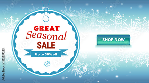 Editable text vector banner for year end sale promotion with snowflakes on winter background. Text is not outlined. Fonts are not included. Clean modern layout for websites ads and social media.