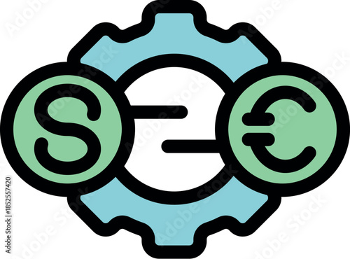 Simple colorful icon of a gear converting dollars to euros, representing international money exchange and financial markets