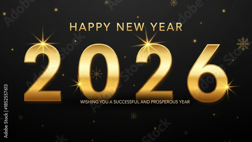 Happy new year 2026 gold text with sparkles on black background wishing you a successful and prosperous year