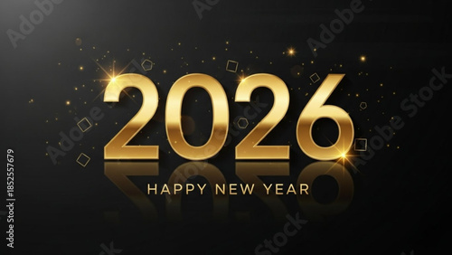 Golden 2026 happy new year celebration with shiny numbers and sparks on dark background