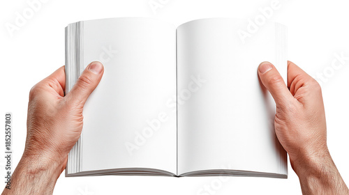 Hands holding open blank book white pages clean paper isolated background reading concept minimalist design copy space learning idea education theme neutral tone calm focus, isolated