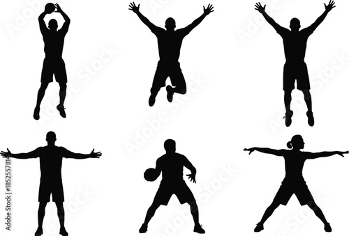 Athletic silhouette vector set, black sports icons, jumping poses, ball action, dynamic movement, fitness gestures, isolated design