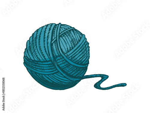Hand drawn vintage sketch of turquoise yarn ball with loose thread tail, isolated vector illustration for knitting designs