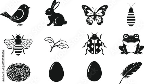 Collection of black nature icons including bird rabbit butterfly bee frog ladybug nest eggs and feather isolated on white background