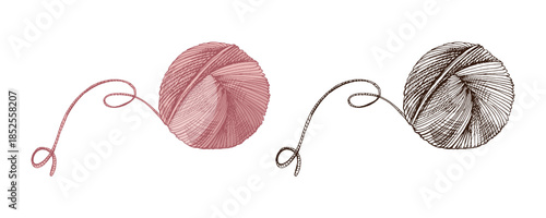 Hand drawn vintage sketch of yarn ball with long string in rose and monochrome version, isolated vector illustration