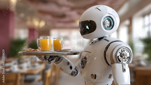 Futuristic robotic server carefully carries a tray of food and drinks in a warmly lit restaurant setting.