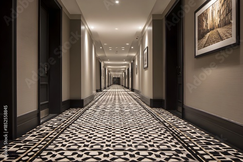 Long hotel corridor with patterned carpet and neutral toned walls evokes a sense of quiet luxury and anticipation.