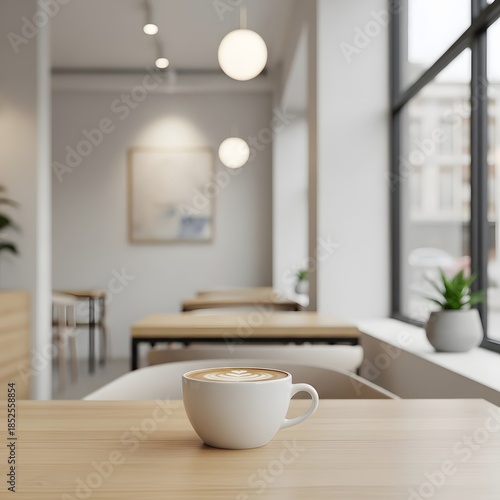 Coffee cup on wooden table in modern cafe interior