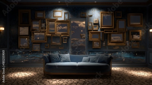 Dramatic interior design features a luxurious sofa facing a wall of floating framed artwork and a stormy seascape view.