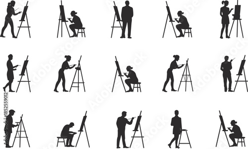 Artist silhouette, painting at easel, creative posture, drawing pose, art studio, figure sketch, black vector, artistic activity, design concept, illustration