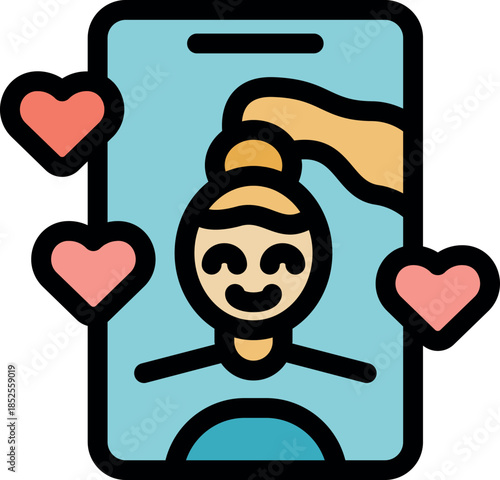 Smiling girl with ponytail getting likes on social media profile picture displayed on smartphone screen