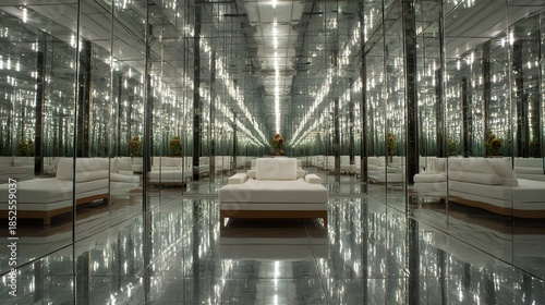 Infinite reflections create a surreal and luxurious interior space with elegant white furniture and floral arrangement.