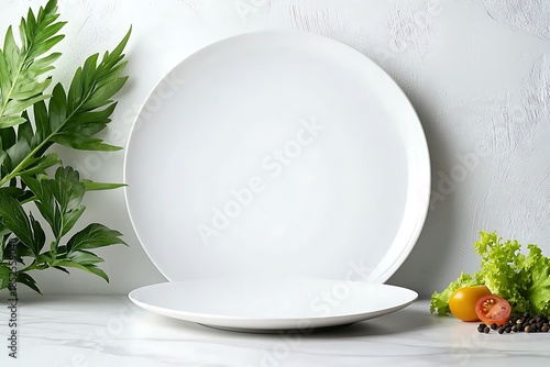 Minimalist White Plates on Table Surrounded by Fresh Green Herbs and Colorful Vegetables
