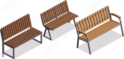 Set of three isometric wooden park benches with metal frames isolated on white background for urban landscape architecture and garden
