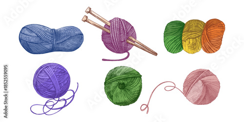 Hand drawn vintage sketch of multicolored yarn balls with threads and knitting needles, isolated vector illustration set