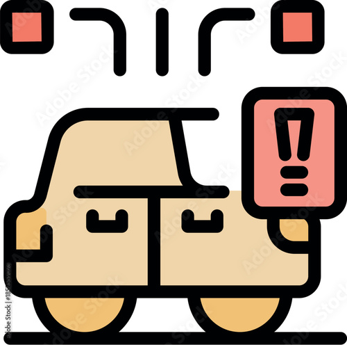 Car emitting smoke with a warning sign, indicating potential issues or malfunctions requiring attention