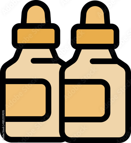 Two dropper bottles containing chemical liquid are placed side by side, representing medical or scientific concepts