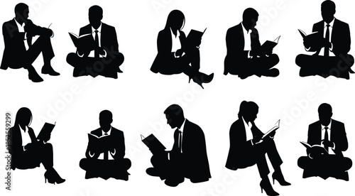 Business people silhouettes reading books, corporate men and women study poses, professional learning, education concept, teamwork knowledge sharing, intellectual engagement illustration vector
