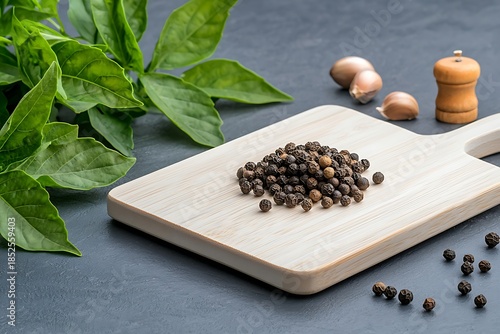 Fresh Black Peppercorns with Basil Leaves on Wooden Cutting Board and Kitchen Ingredients