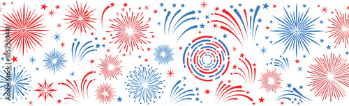 Vibrant red and blue fireworks explosions on white background for celebrations and patriotic events