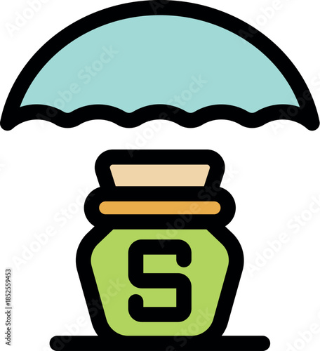 Green savings jar with letter s protected by a shield, representing financial security and protection