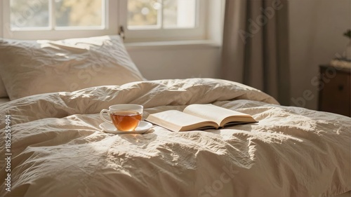 a cup of tea and an open book on a bed with a white comforter and a window in the background