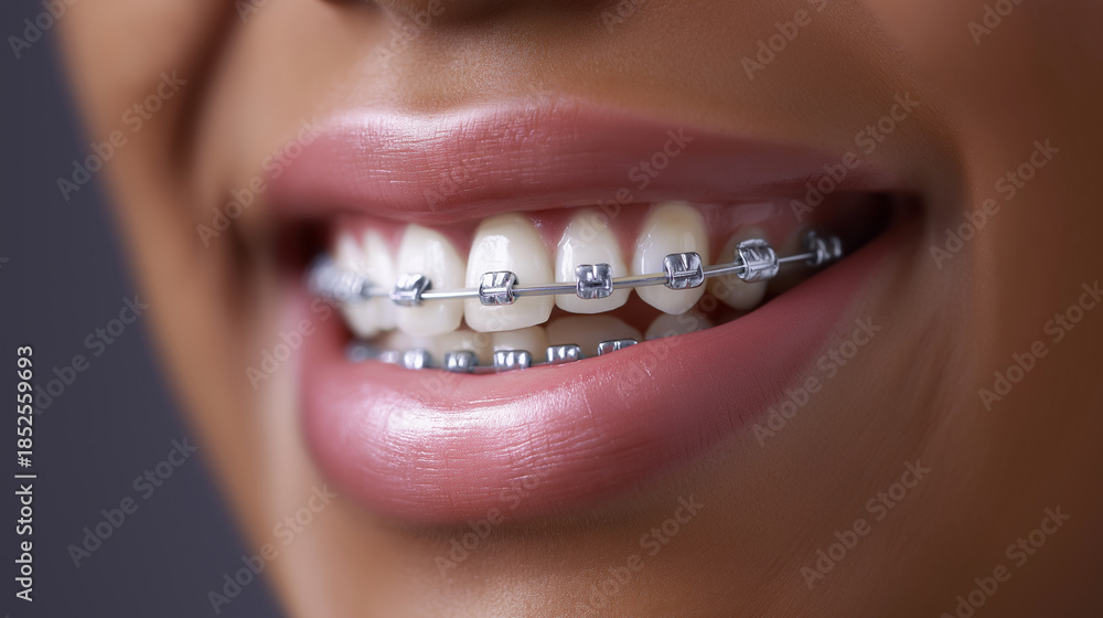 Obraz premium Close-up of a smiling mouth with dental braces representing orthodontic treatment and oral care. 
