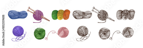 Hand drawn vintage sketch of colorful and monochrome yarn balls with threads and needles, isolated vector set