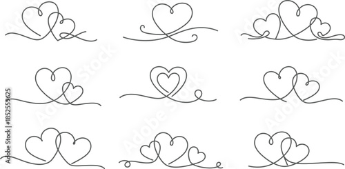 Eight intertwined heart illustrations in black line art on white background for love and valentine s day concepts