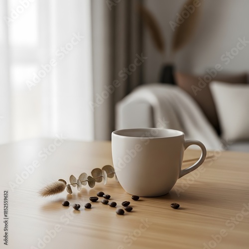 Coffee mug on wooden table in a cozy bedroom