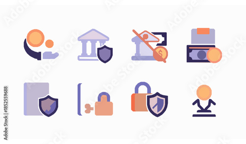 Secure finance and risk protection filled icon set for banking savings and insurance
