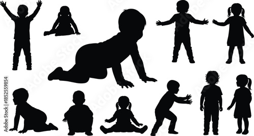 Children silhouette vector, kids playing, crawling, sitting, standing, squatting, ponytail hairstyle, black figures, white background, childhood activity, isolated poses