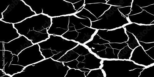 Abstract black cracked texture with white fracture lines, resembling dry soil or shattered surface. High contrast, minimal design, sharp details, seamless pattern, clean background, studio lighting.