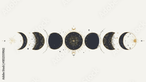 Mystical Celestial Moon Phases Cycle with Golden Esoteric Symbols and Cosmic Elements