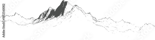 Jagged mountain range silhouette with dark shaded peaks and white background