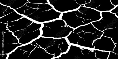 Abstract black cracked texture with white fracture lines, resembling dry soil or shattered surface. High contrast, minimal design, sharp details, seamless pattern, clean background, studio lighting.