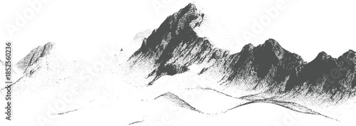 Monochromatic dot landscape of jagged mountain peaks and rolling hills nature