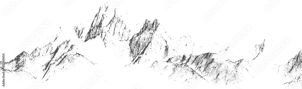 Fototapeta premium Jagged mountain range rendered in dark grey lines and dots against white background peaks rocky