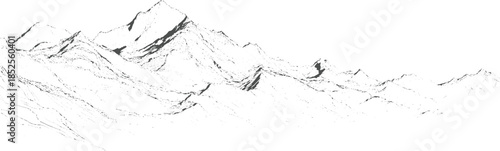 Black and white line of a vast mountain range peak summit ridge