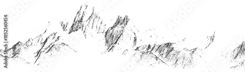 Jagged mountain range rendered in dark grey lines and dots against white background peaks rocky